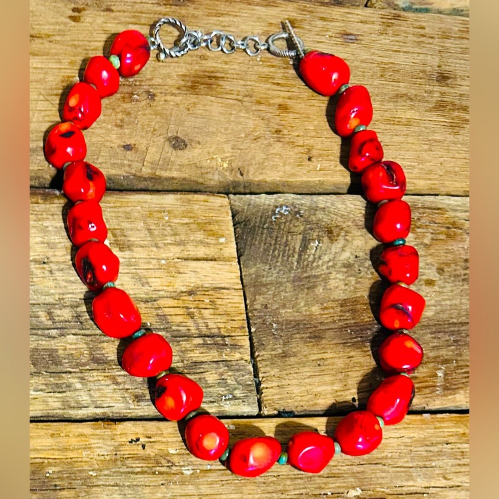 Gift VINTAGE BAMBOO RED CORAL  TURQUOISE, , 925 Silver, 20in NECKLACE CHOKER